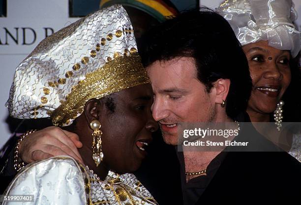 Rita Marley and Bono of U2 attend Rock and Roll Hall of Fame at Waldorf Astoria, New York, New York, January 19, 1994.