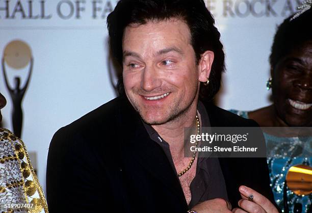 Bono of U2 attends Rock and Roll Hall of Fame at Waldorf Astoria, New York, New York, January 19, 1994.
