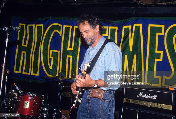 Tommy Chong plays guitar at High Times party, New York, May 1, 1994.