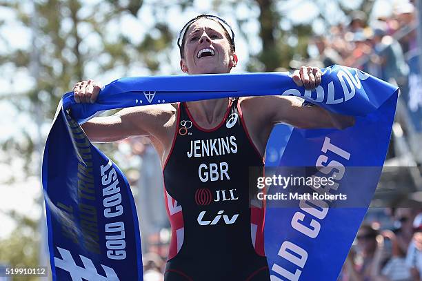 Helen Jenkins of Great Britain celebrates winning the ITU World Triathlon Series on April 9, 2016 in Gold Coast, Australia.