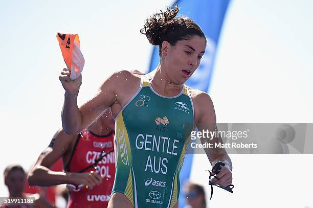 Ashleigh Gentle of Australia exits the water during the ITU World Triathlon Series on April 9, 2016 in Gold Coast, Australia.