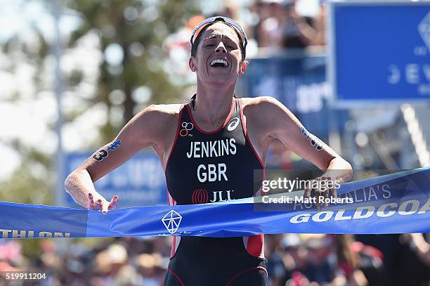 Helen Jenkins of Great Britain celebrates winning the ITU World Triathlon Series on April 9, 2016 in Gold Coast, Australia.