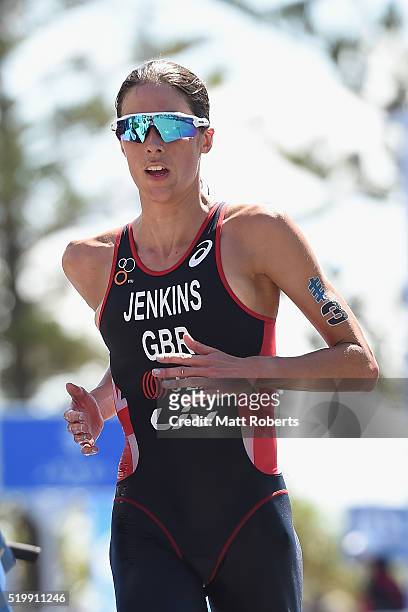 Helen Jenkins of Great Britain competes during the run portion of the ITU World Triathlon Series on April 9, 2016 in Gold Coast, Australia.