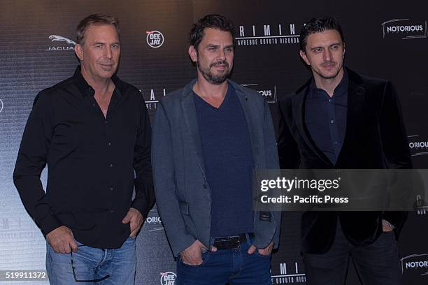Actor Kevin Costner, director Ariel Vromen and actor Dragos Savulescu pose during a photocall for his new movie 'Criminal' at Hotel Bernini.