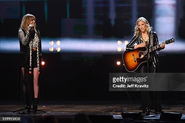 Grace Potter and Sheryl Crow perform at the 31st Annual Rock And Roll Hall Of Fame Induction Ceremony at Barclays Center on April 8, 2016 in New York...