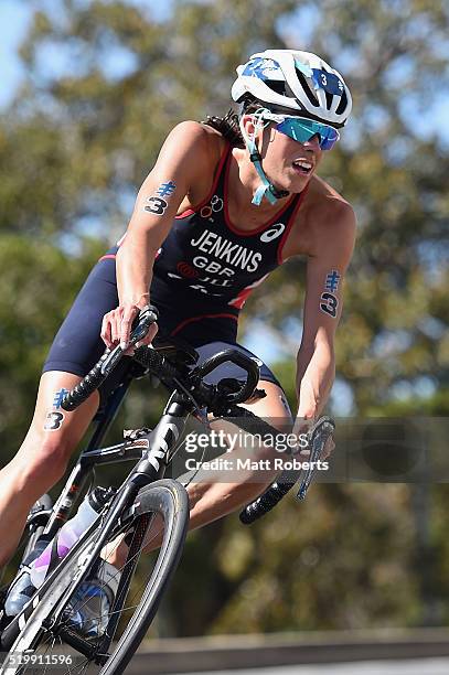 Helen Jenkins of Great Britain competes during the bike portion of the ITU World Triathlon Series on April 9, 2016 in Gold Coast, Australia.