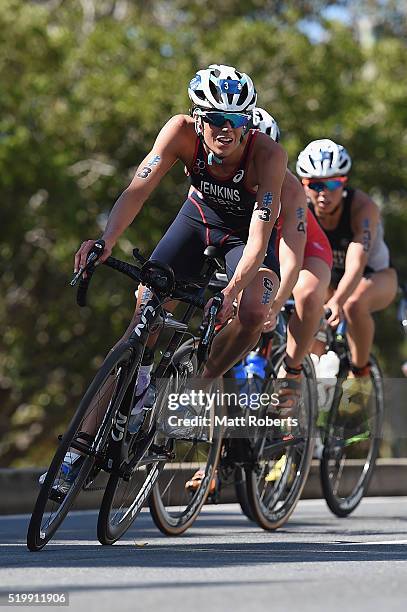 Helen Jenkins of Great Britain competes during the bike portion of the ITU World Triathlon Series on April 9, 2016 in Gold Coast, Australia.