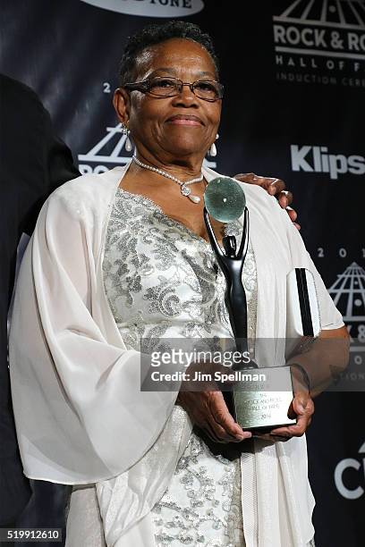 Eazy-E's Mother Katie Wright poses in the press room at the 31st Annual Rock And Roll Hall Of Fame Induction Ceremony at Barclays Center of Brooklyn...
