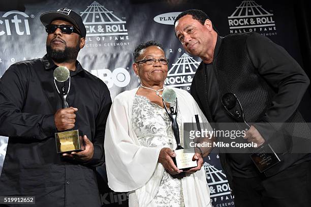 Ren, Katie Wright, and DJ Yella pose in the press room at the 31st Annual Rock And Roll Hall Of Fame Induction Ceremony at Barclays Center of...