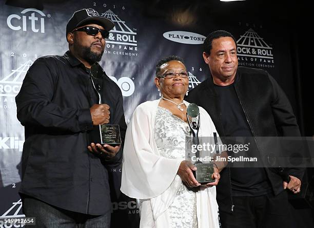 Ren, Katie Wright, and DJ Yella pose in the press room at the 31st Annual Rock And Roll Hall Of Fame Induction Ceremony at Barclays Center of...