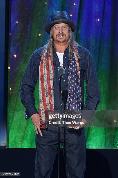 Kid Rock inducts Cheap Trick at the 31st Annual Rock And Roll Hall Of Fame Induction Ceremony at Barclays Center on April 8, 2016 in New York City.