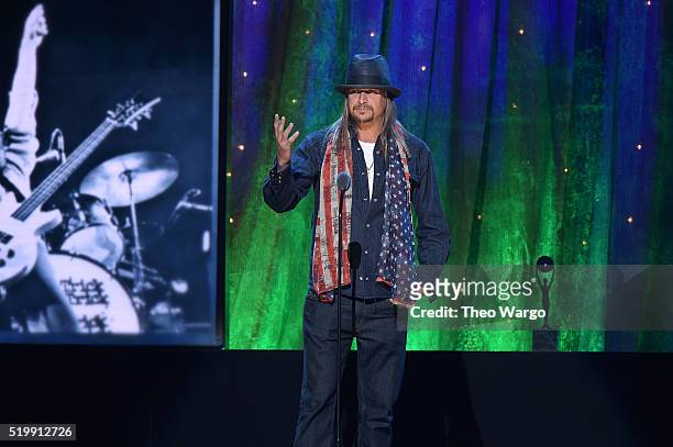 Kid Rock inducts Cheap Trick at the 31st Annual Rock And Roll Hall Of Fame Induction Ceremony at Barclays Center on April 8, 2016 in New York City.