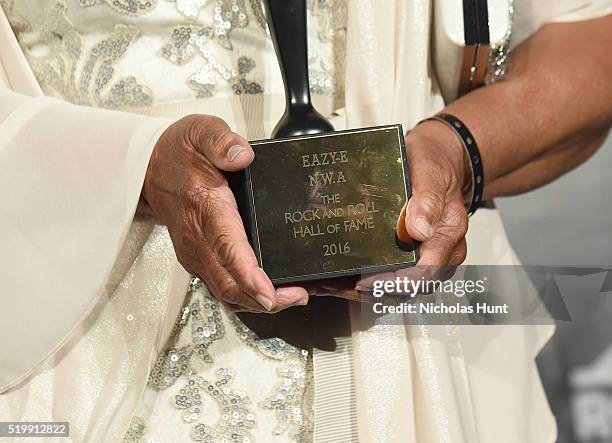 Eazy-E's Mother Katie Wright poses in the press room at the 31st Annual Rock And Roll Hall Of Fame Induction Ceremony at Barclays Center of Brooklyn...