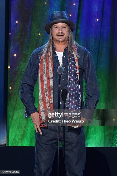 Kid Rock inducts Cheap Trick at the 31st Annual Rock And Roll Hall Of Fame Induction Ceremony at Barclays Center on April 8, 2016 in New York City.