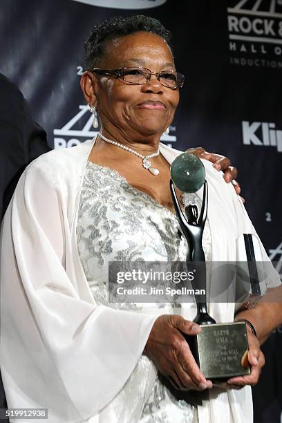 Eazy-E's Mother Katie Wright poses in the press room at the 31st Annual Rock And Roll Hall Of Fame Induction Ceremony at Barclays Center of Brooklyn...