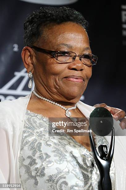 Eazy-E's Mother Katie Wright poses in the press room at the 31st Annual Rock And Roll Hall Of Fame Induction Ceremony at Barclays Center of Brooklyn...