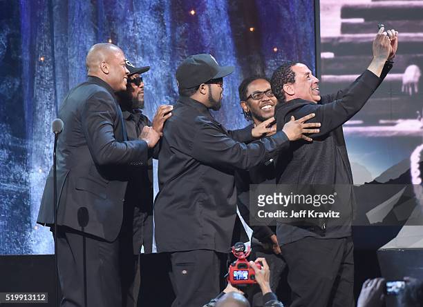 Ren, Dr. Dre, Ice Cube and DJ Yella of N.W.A. Speak onstage at the 31st Annual Rock And Roll Hall Of Fame Induction Ceremony at Barclays Center on...