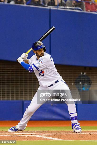 Chris Colabello of the Toronto Blue Jays prepares to bat during the MLB spring training game against the Boston Red Sox at Olympic Stadium on April...