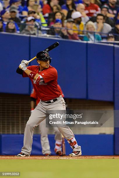 Allen Craig of the Boston Red Sox steps up at bat during the MLB spring training game against the Toronto Blue Jays at Olympic Stadium on April 2,...