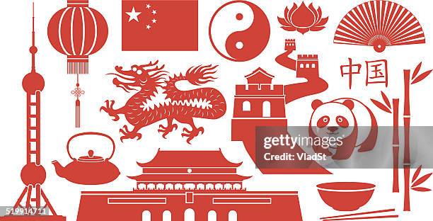 stockillustraties, clipart, cartoons en iconen met china famous icons - chinese muur noord china