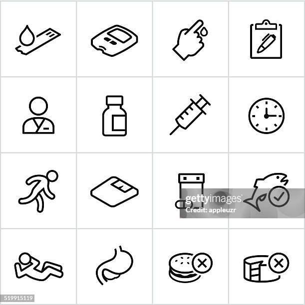 black diabetes icons - line style - blood sugar test stock illustrations