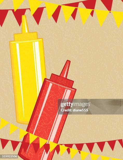 mustard and ketchup bottles with bunting flags - mustard bottle stock illustrations