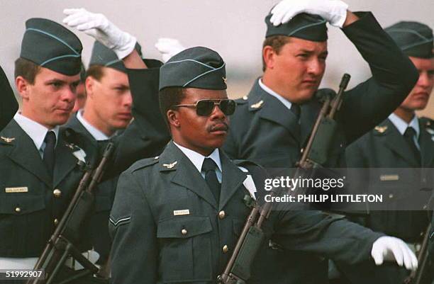 South African servicemen march on parade during the 75th anniversary celebrations of the SA Airforce at the Waterkloof Air Base outside Pretoria, 04...