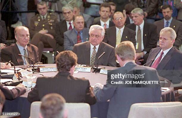 Bosnian President Alija Izetbegovic , Crotian President Franjo Tudman , and Serbian President Slobodan Milosevic listen to US Secretary of State...