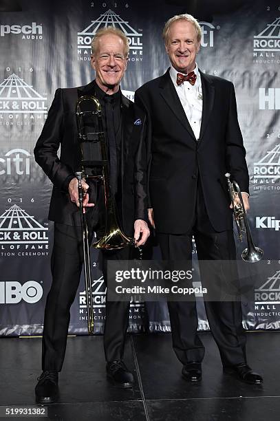 Inductees James Pankow and Lee Loughnane of Chicago pose on stage in the press room at the 31st Annual Rock And Roll Hall Of Fame Induction Ceremony...