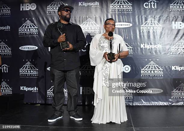 Ren and Eazy-E's mother Katie Wright pose in the press room at the 31st Annual Rock And Roll Hall Of Fame Induction Ceremony at Barclays Center on...