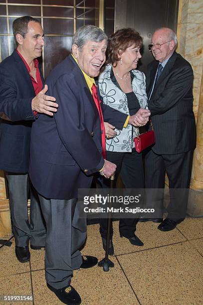 Comedian Jerry Lewis and SanDee Pitnick attend the 90th Birthday of Jerry Lewis at The Friars Club on April 8, 2016 in New York City.