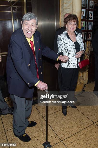 Comedian Jerry Lewis and SanDee Pitnick attend the 90th Birthday of Jerry Lewis at The Friars Club on April 8, 2016 in New York City.