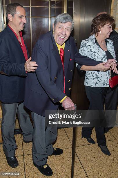 Comedian Jerry Lewis and SanDee Pitnick attend the 90th Birthday of Jerry Lewis at The Friars Club on April 8, 2016 in New York City.