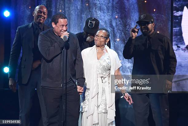 Yella speaks on stage at the 31st Annual Rock And Roll Hall Of Fame Induction Ceremony at Barclays Center on April 8, 2016 in New York City.