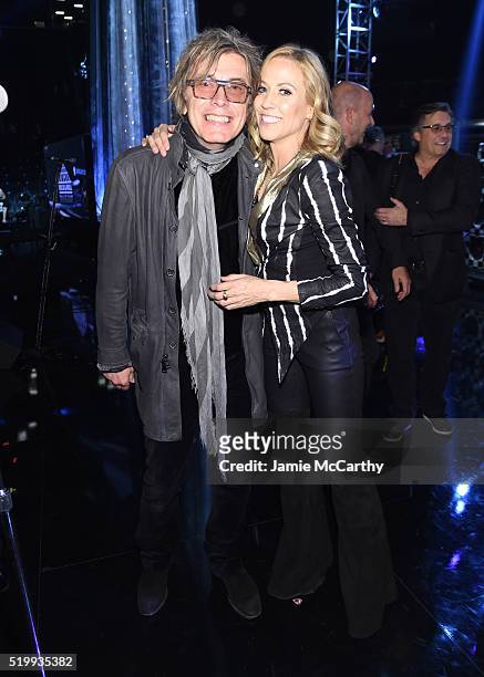 Inductee Tom Petersson of Cheap Trick poses with musician Sheryl Crow at the 31st Annual Rock And Roll Hall Of Fame Induction Ceremony at Barclays...