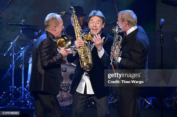 James Pankow, Walter Parazaider, and Lee Loughnane of Chicago perform at the 31st Annual Rock And Roll Hall Of Fame Induction Ceremony at Barclays...