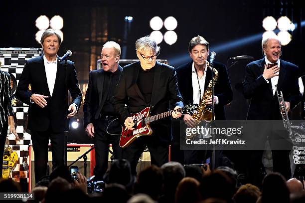 James Pankow, Steve Miller, Walter Parazaider, and Lee Loughnane of Chicago perform at the 31st Annual Rock And Roll Hall Of Fame Induction Ceremony...