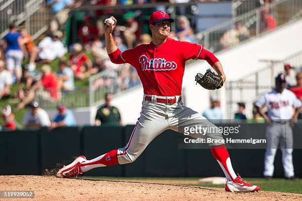 Mark Appel of the Philadelphia Phillies pitches against the Minnesota Twins during a spring training game on March 9, 2016 at Hammond Stadium in Fort...
