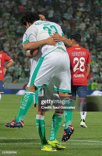 Martin Bravo of Santos celebrates after scoring the second goal of his team during the 13th round match between Santos Laguna and Veracruz as part of...