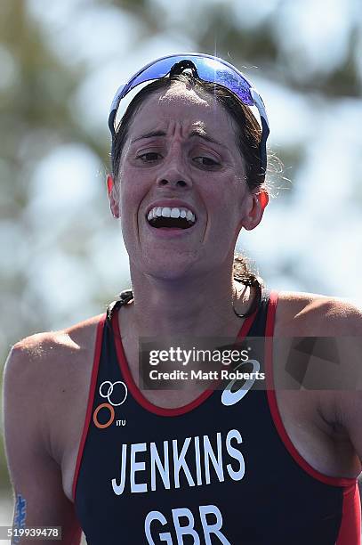 Helen Jenkins of Great Britain celebrates winning the ITU World Triathlon Series on April 9, 2016 in Gold Coast, Australia.