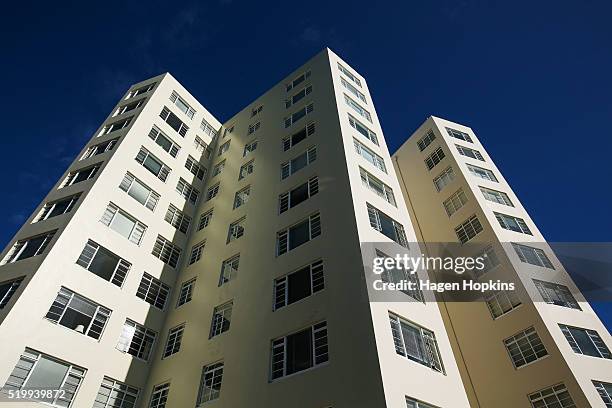 General view of apartments in Oriental Bay on April 9, 2016 in Wellington, New Zealand. Increased demand for property in Wellington has seen house...