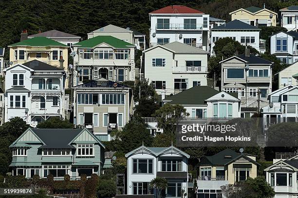 General view of houses in Oriental Bay on April 9, 2016 in Wellington, New Zealand. Increased demand for property in Wellington has seen house prices...