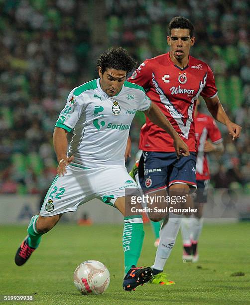 Martin Bravo of Santos drives the ball during the 13th round match between Santos Laguna and Veracruz as part of the Clausura 2016 Liga MX at Corona...