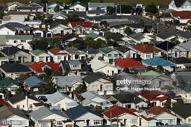 General view of houses in the suburb of Lyall Bay on April 9, 2016 in Wellington, New Zealand. Increased demand for property in Wellington has seen...