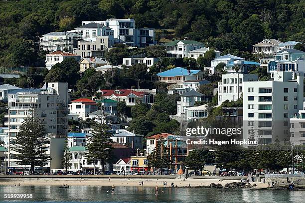 General view of houses and apartments in Oriental Bay on April 9, 2016 in Wellington, New Zealand. Increased demand for property in Wellington has...