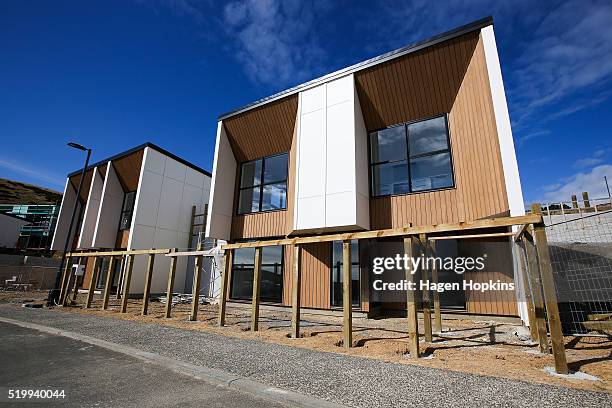 General view of houses in the suburb of Woodridge on April 9, 2016 in Wellington, New Zealand. Increased demand for property in Wellington has seen...