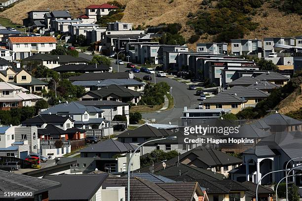 General view of houses in the suburb of Churton Park on April 9, 2016 in Wellington, New Zealand. Increased demand for property in Wellington has...