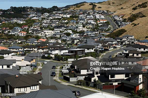 General view of houses in the suburb of Churton Park on April 9, 2016 in Wellington, New Zealand. Increased demand for property in Wellington has...