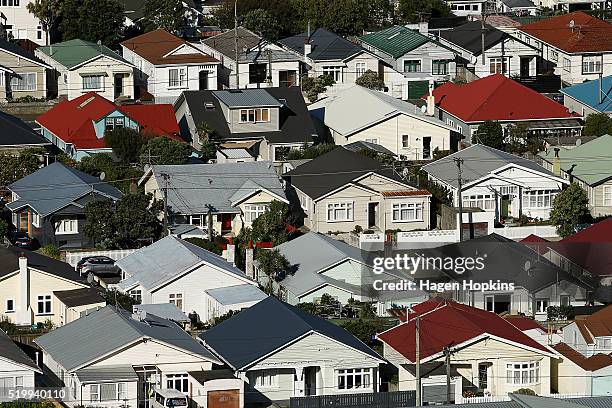 General view of houses in the suburb of Lyall Bay on April 9, 2016 in Wellington, New Zealand. Increased demand for property in Wellington has seen...