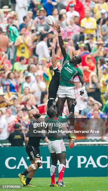 New Zealand play Kenya on day two of the 2016 Hong Kong Sevens at Hong Kong Stadium on April 9, 2016 in Hong Kong.